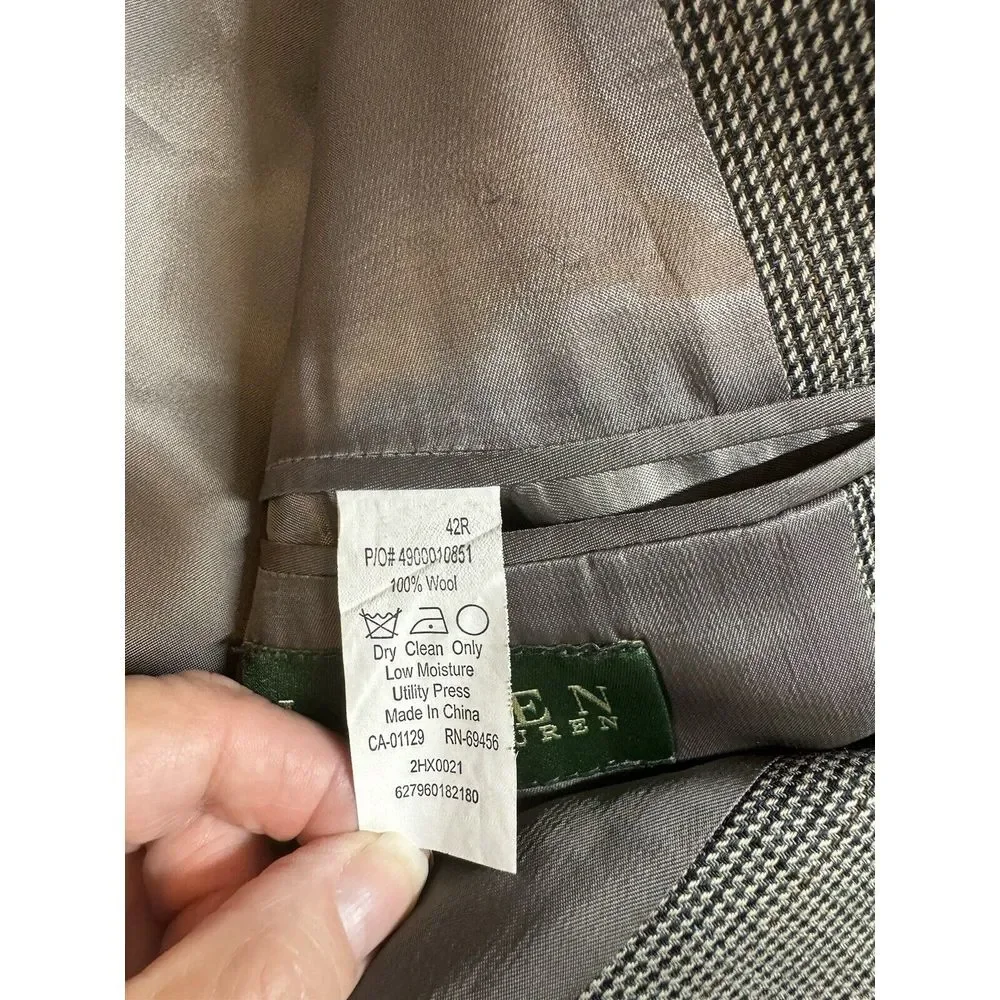 Lauren Ralph Lauren Jacket Mens 42R Brown Houndstooth Wool Sport‎ Coat Blazer